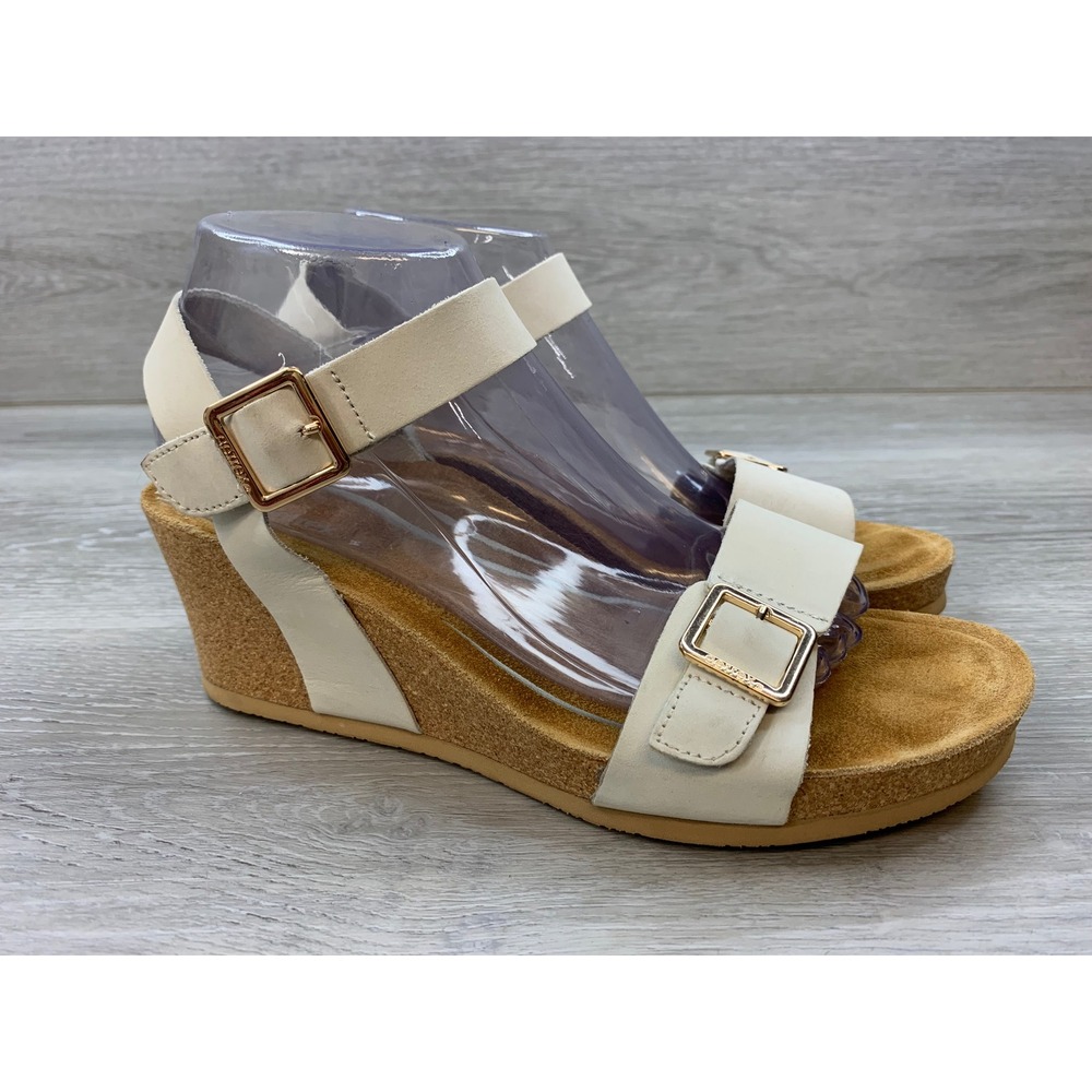 Aetrex Women's Cream Leather Cork Wedge Sandals Buckle Comfort Casual Shoes 9